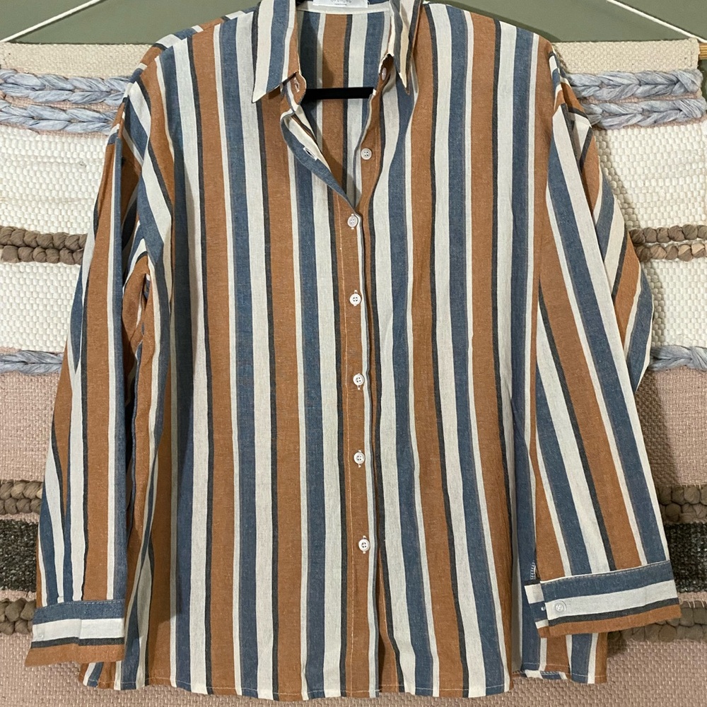 Rust and Blue/Ivory Striped Linen Buttondown